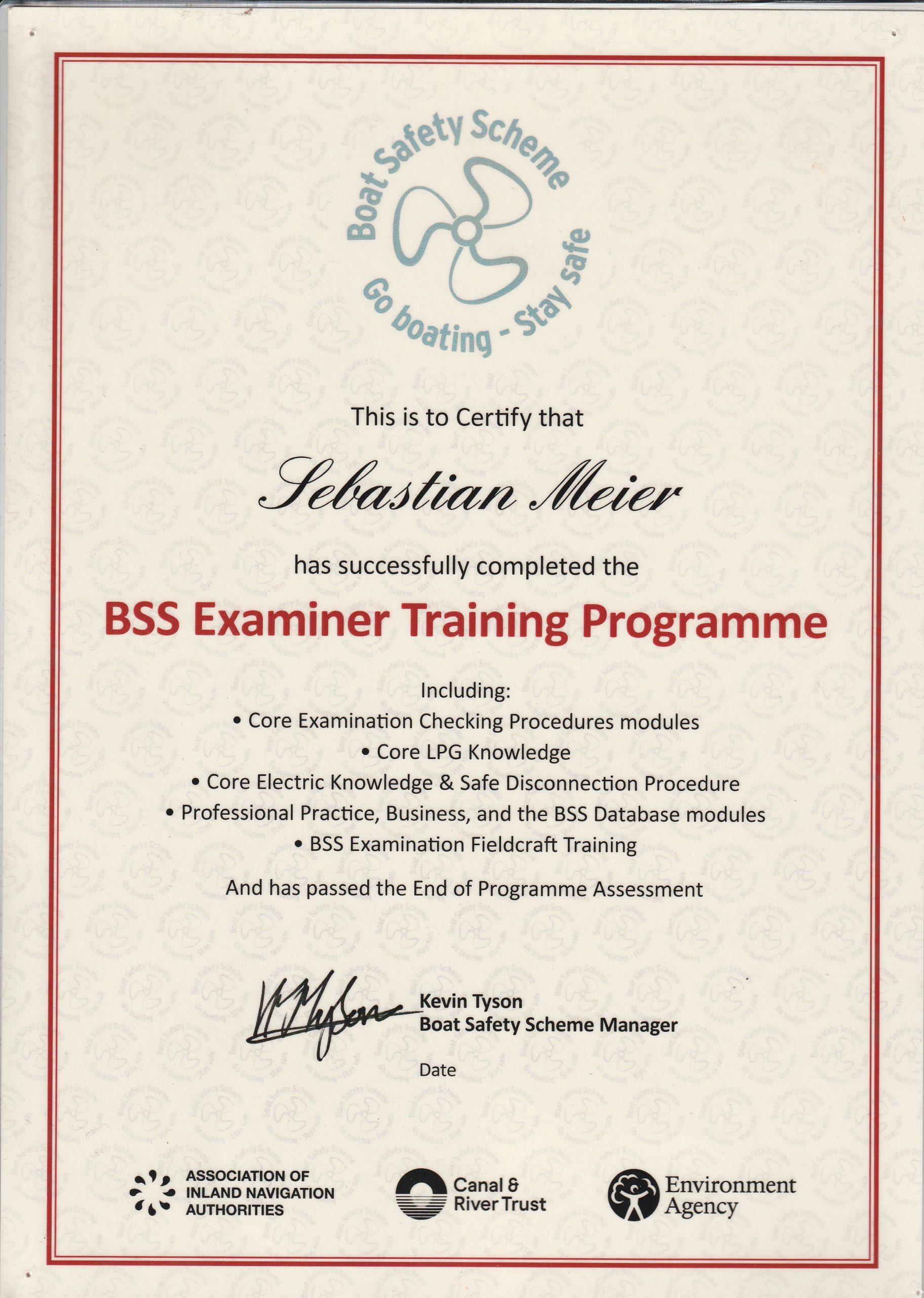BSS - Boat safety Scheme Registration Certificate
