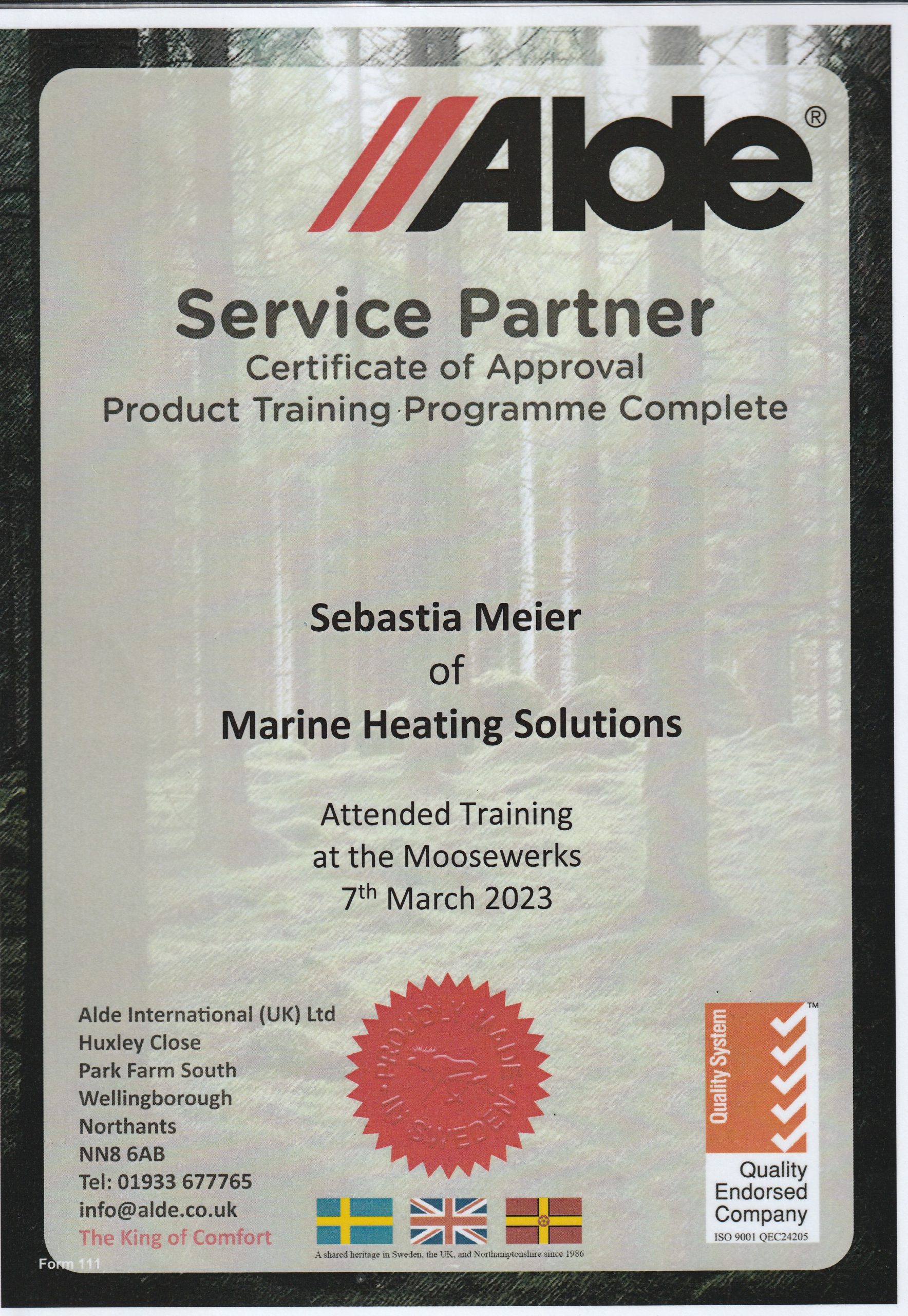 ALDE Service Partner Certificate