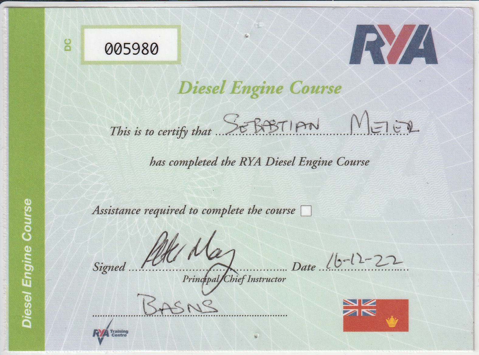 RYA Diesel Engine Certificate