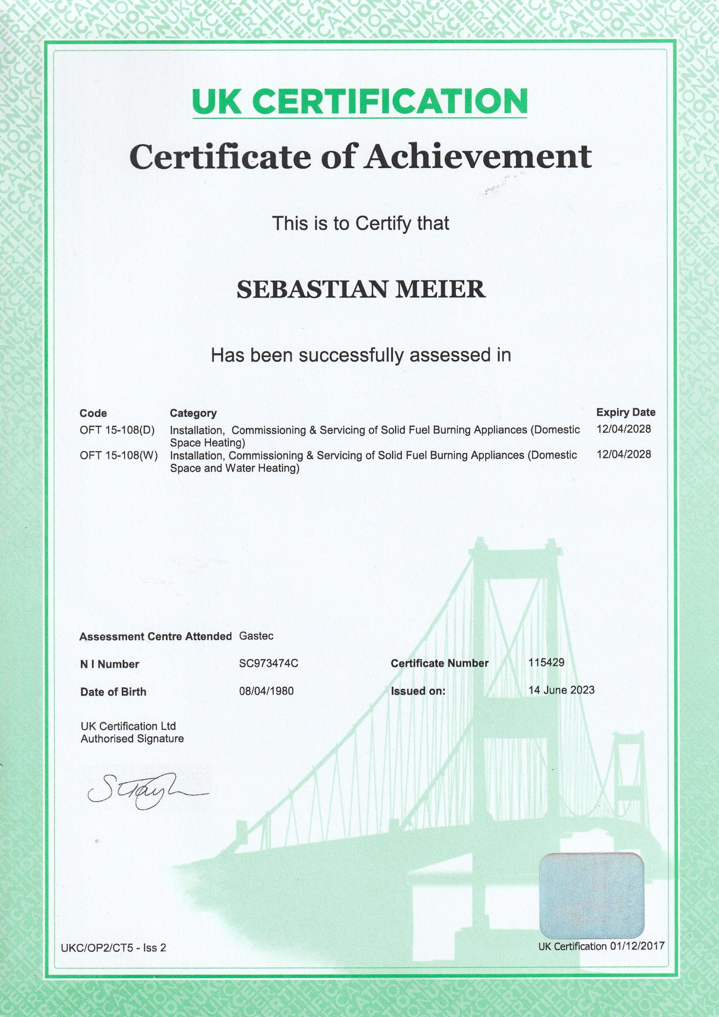 OFTEC Solid Fuel Burning Appliances Certificate