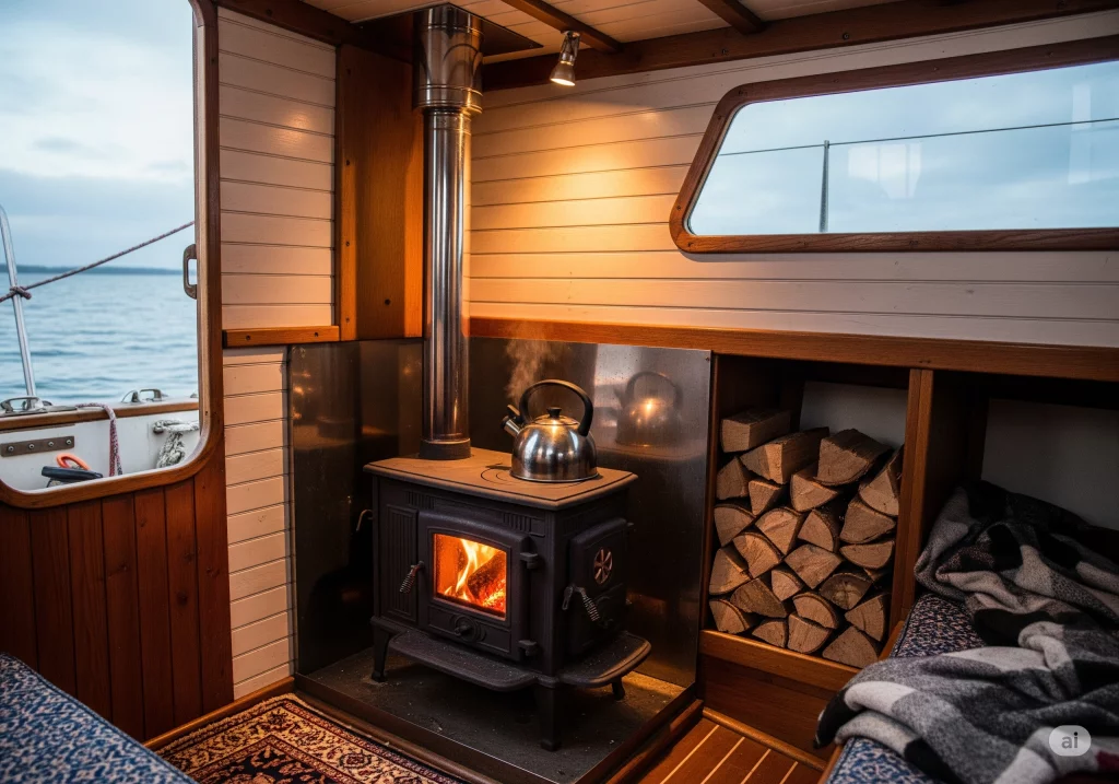 A wood burning stove on a Boat.