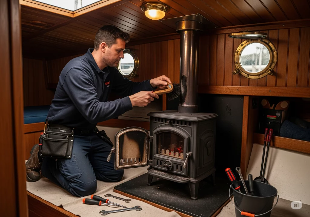 An engineer carrying out professional boat stove maintenance