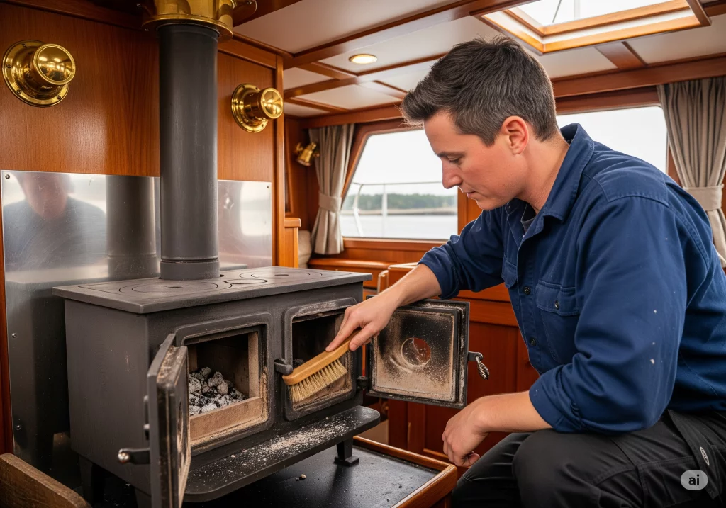 An engineer cleaning a wood burning stove on a Boat with a brush.