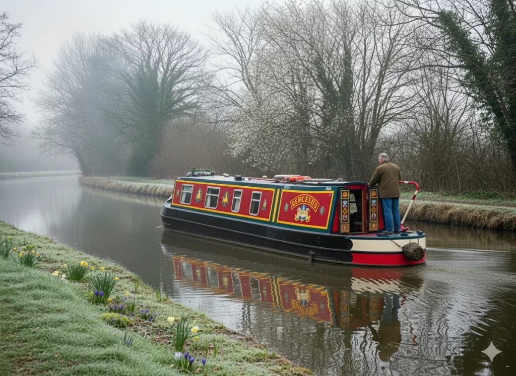 A narrowboat owner using a boat diesel heater on a cold spring day