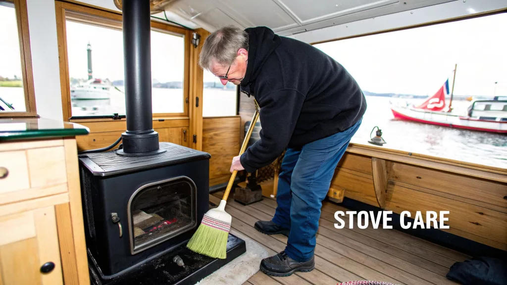 Maintenance of a wood burning stove on a boat