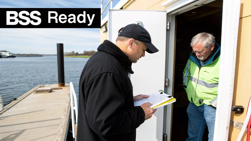 A BSS Examiner talking to a boat owner
