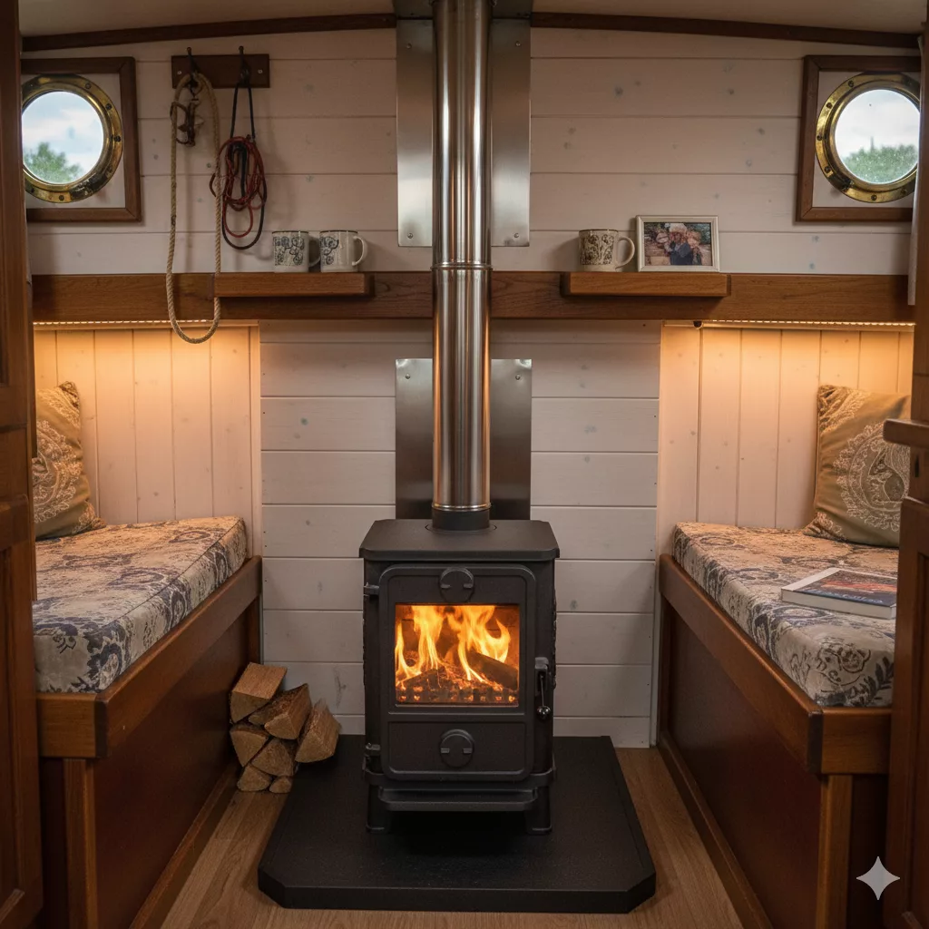 A Morso Squirrel boat stove with stainless steel flue