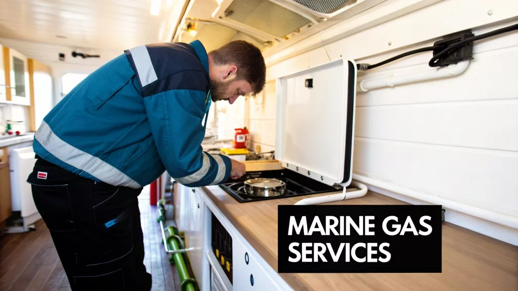 A boat gas engineer carrying out a service on an LPG cooker