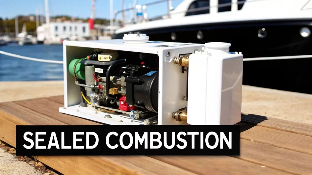 A boat heaters diesel systems with the side panel removed, showing the sealed combustion chamber.