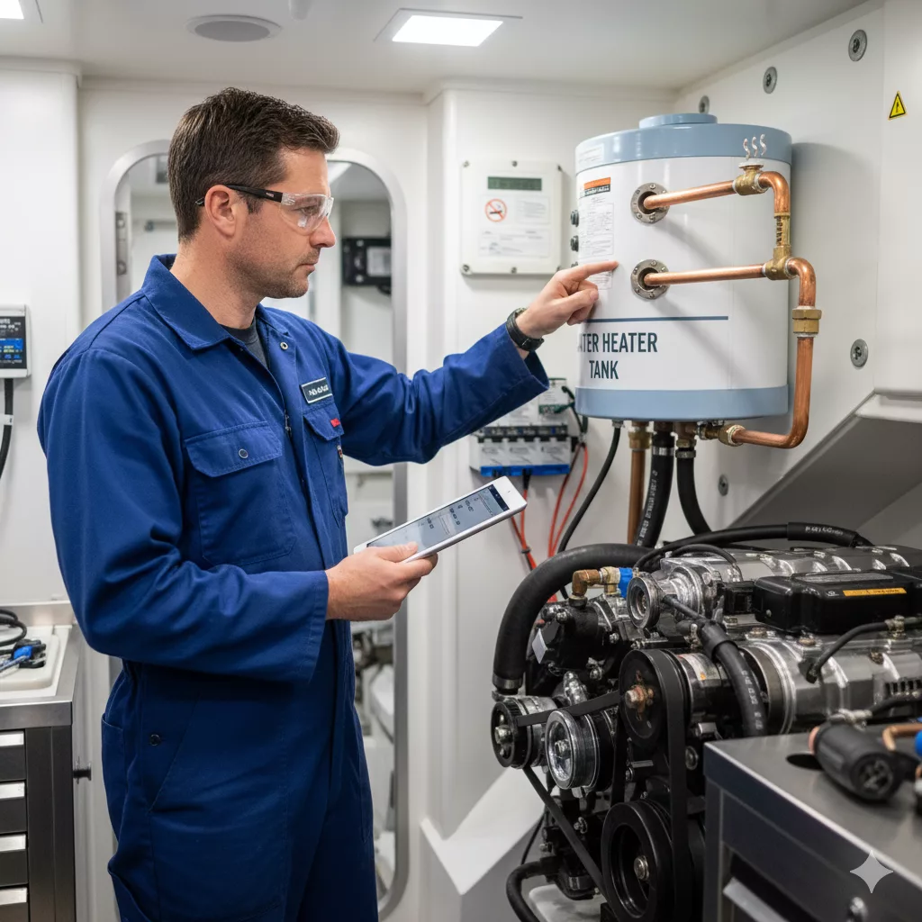 A boat water heater being inspected in a clean engine room.