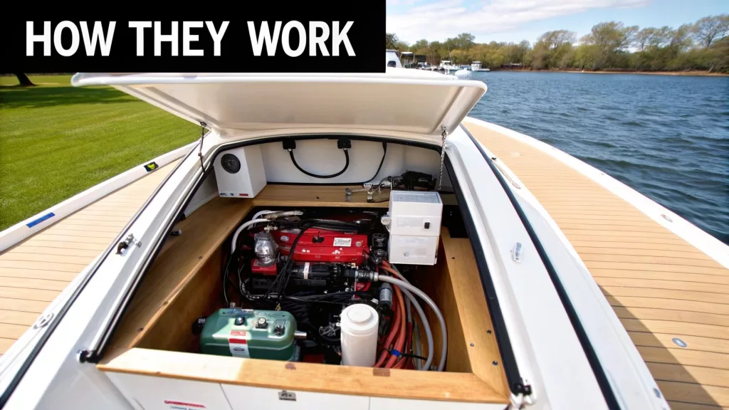 A boats engine bay with a water heater