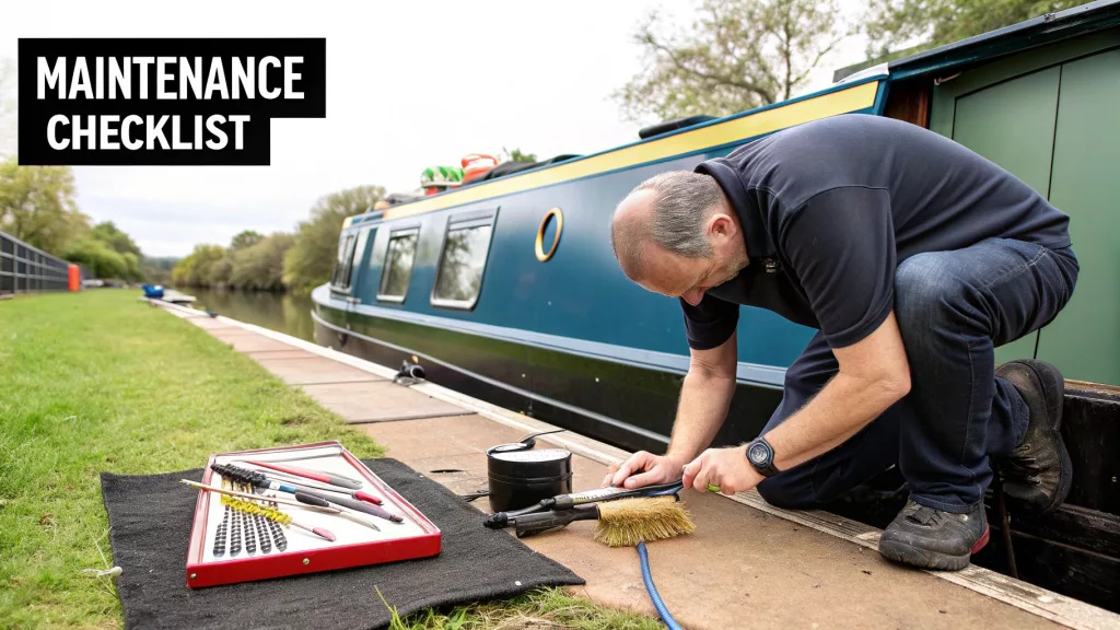 A maintenance engineer with a tool kit on the towpath next to a narrowboat working on wood burner parts