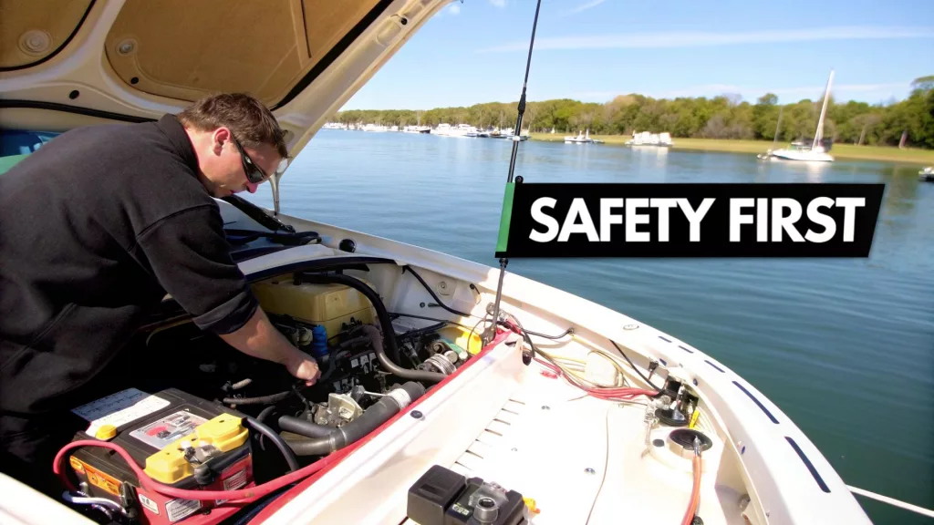 A marine heating engineer installing a boat heaters diesel systems in the engine bay of a river cruiser