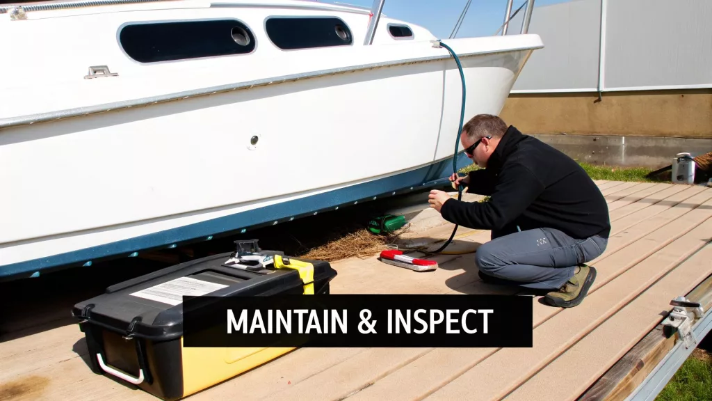 A marine heating engineer next to a boat working on a calorifier installation