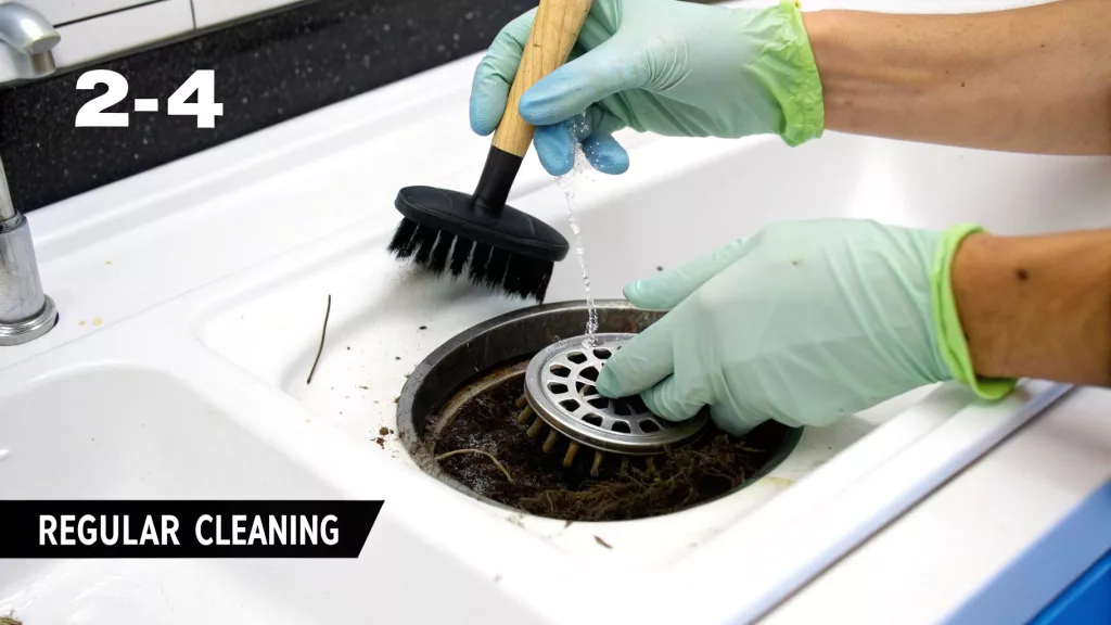 A narrowboat pumped shower drainage being cleaned with a brush