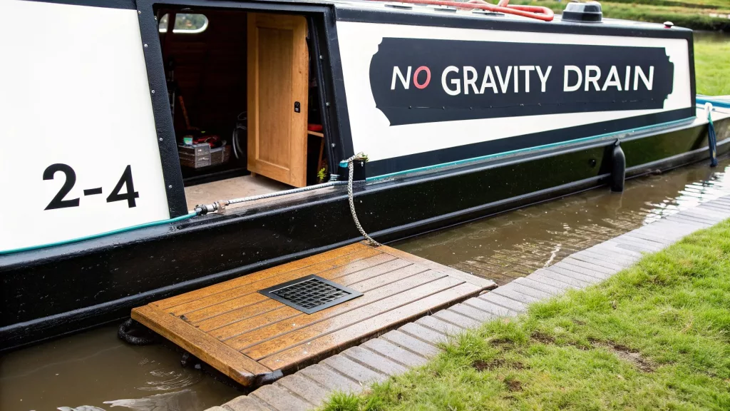 A narrowboat without gravity drain requiring pumped shower drainage