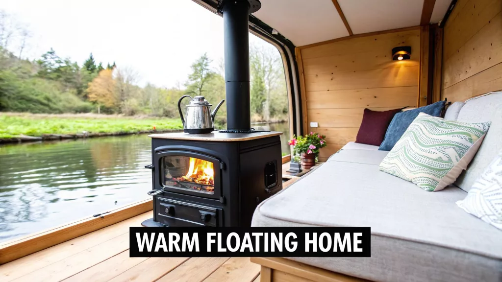 A narrowboat wood burner installed in a cabin with view over the canal