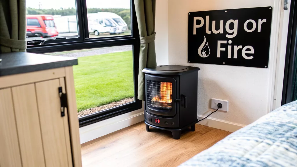 A plugin heater in a cabin of a static caravan