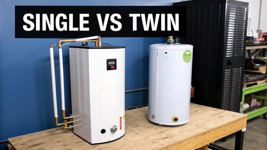 A single coil calorifier and a twin coil calorifier on a workbench