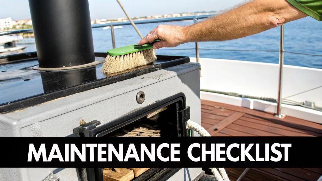 A wood burner on a boat being cleaned with a brush