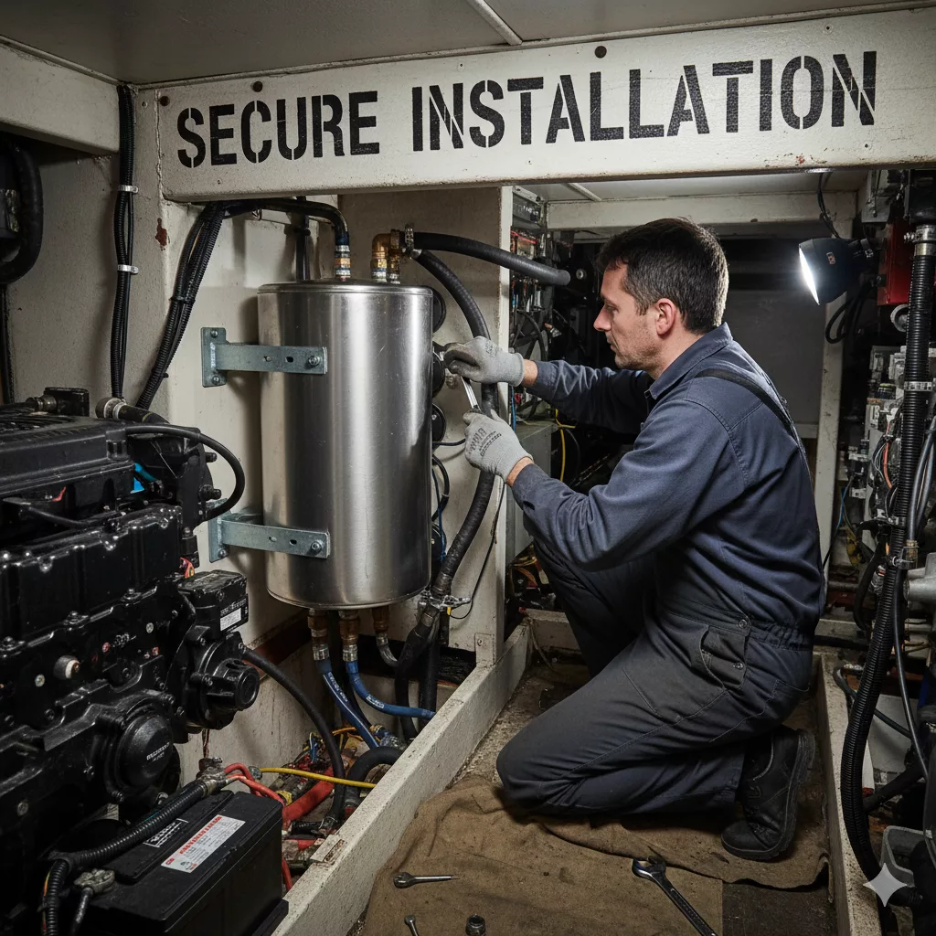 An engineer installing a calorifier in a boats engine room
