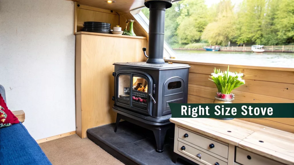 One of our larger wood stoves for boats installed in a dutch barge cabin