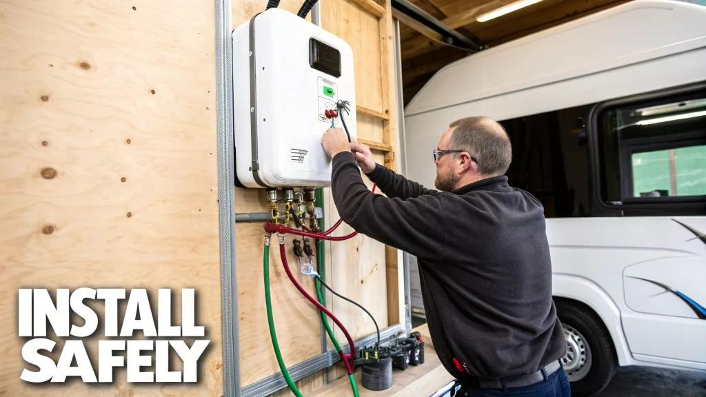 Safe Installation - An engineers installing a hot water system to a campervan