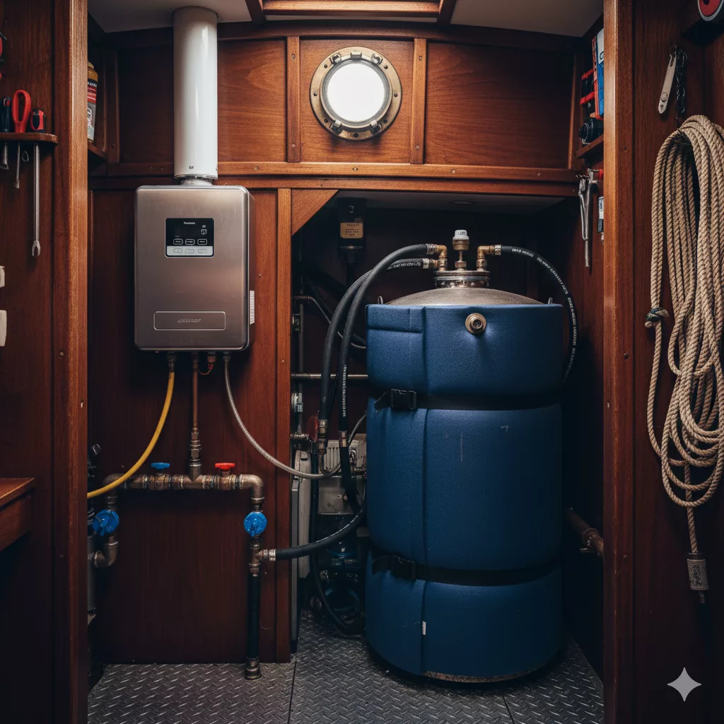 Two different types of boat water heaters installed in a narrowboat a gas instant water heater and a calorifier.
