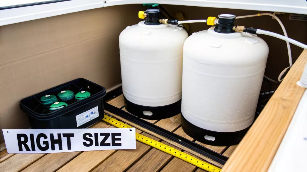 Two white water tanks with black caps and connecting hoses installed in boat storage compartment