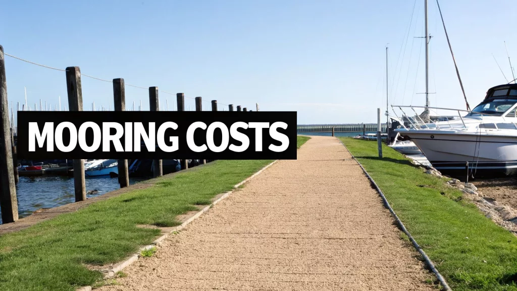 Marina walkway with moored boats and wooden posts showing mooring costs text overlay
