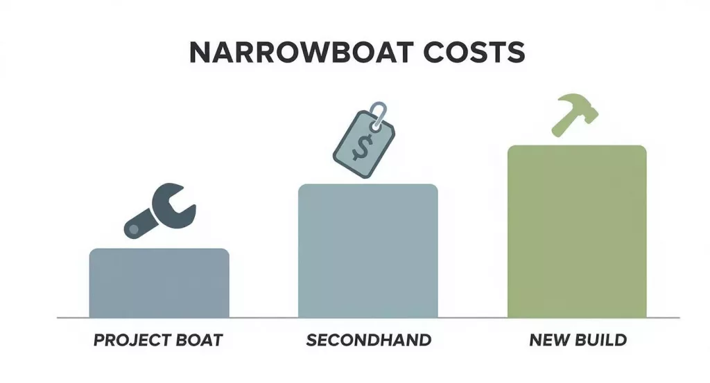 Bar chart comparing narrowboat costs showing project boat, secondhand, and new build options with tool icons