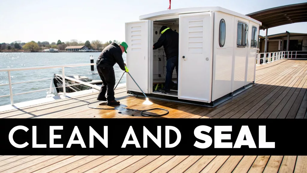 Two individuals cleaning a wooden deck near water, one using a pressure washer, the other inside a cabin.