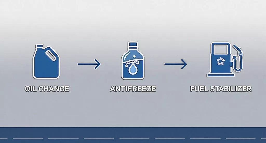 Icons showing an oil jug, antifreeze bottle, and fuel pump for vehicle maintenance steps.